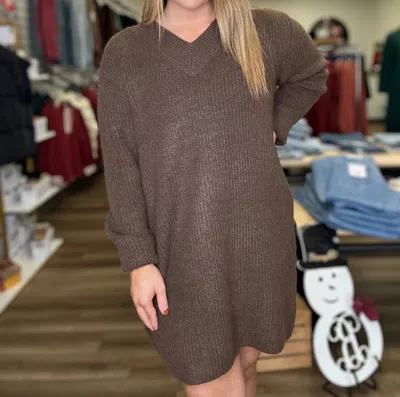 Zenana V Neck Sweater Dress In Brown In Multi