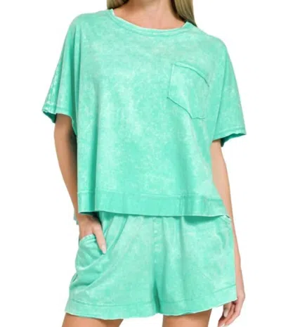 Zenana Vintage Basic Short Set In Mint In Green