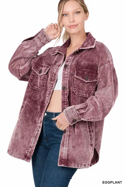 Zenana Vintage Vibes Shacket In Eggplant In Multi