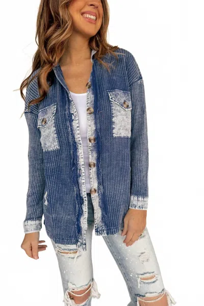 Zenana Vintage Waffle Lightweight Shacket In Light Navy In Blue