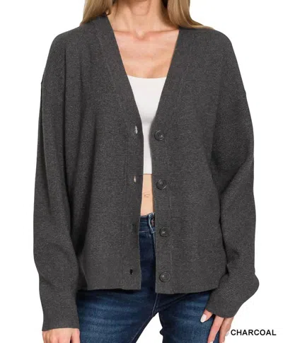 Zenana Viscose Sweater Cardigan In Charcoal In Gray