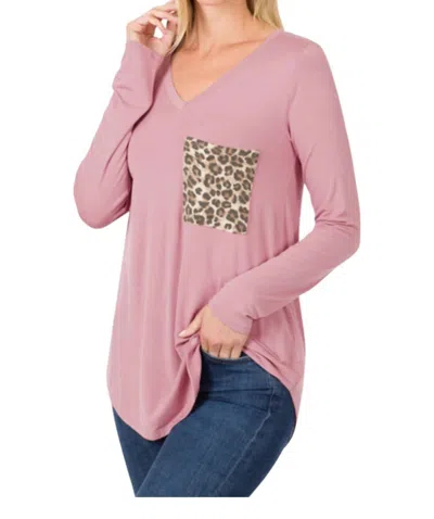 Zenana Vneck Leopard Pocket Long Sleeve Top In Light Rose In Pink