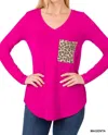 Zenana Vneck Leopard Pocket Long Sleeve Top In Magenta In Pink