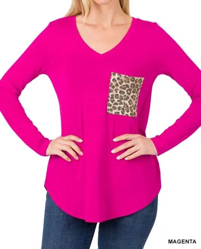 Zenana Vneck Leopard Pocket Long Sleeve Top In Magenta In Pink