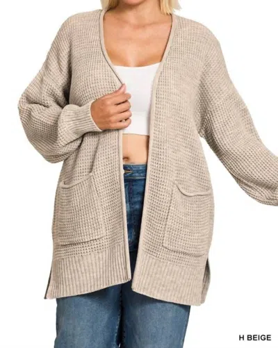 Zenana Waffle Knit Open Front Cardigan In Grey In Brown