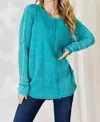Zenana Waffle Knit Oversized Long Sleeve Top In Aqua In Blue