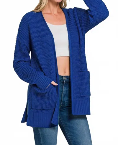 Zenana Waffle Open Front Sweater Cardigan In Light Navy