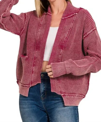 Zenana Washed Dropped Shoulder Cardigan With Side Pockets In Cabernet