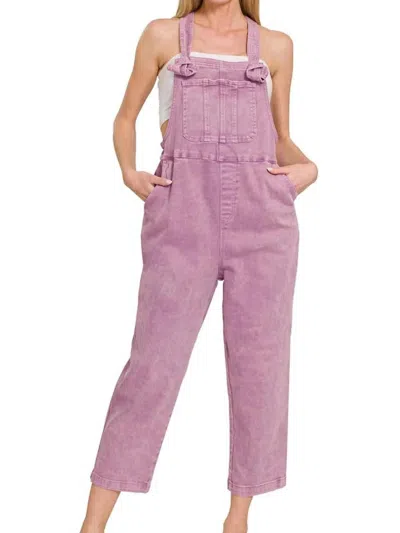 Zenana Washed Knot Strap Relaxed Fit Overalls In B Violet