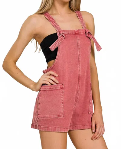 Zenana Washed Knot Strap Rompers In Cabernet