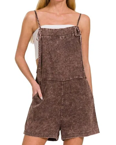 Zenana Washed Linen Knot Strap Rompers In Brown