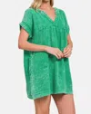 Zenana Washed Notched Short Sleeve Mini Dress In K Green