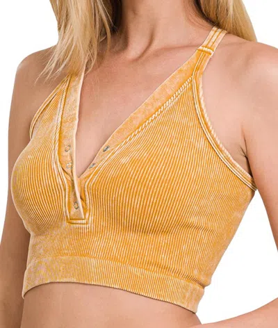 Zenana Washed Ribbed Cropped Button V-neck Tank Top In Five Colors! In Yellow