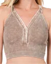 Zenana Washed Ribbed Cropped Button V-neck Tank Top In Mocha In Beige