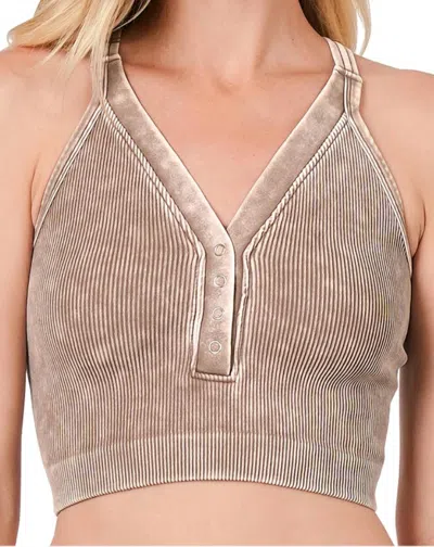 Zenana Washed Ribbed Cropped Button V-neck Tank Top In Mocha In Brown