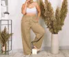 Zenana Wide Leg Paper Bag Pants - Plus In Khaki In Green