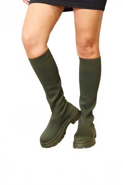 Zenana Wild Diva Footwear Knee High Platform Sock Boots In Olive