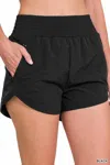 Zenana Windbreaker Smocked Waistband Running Shorts In Black