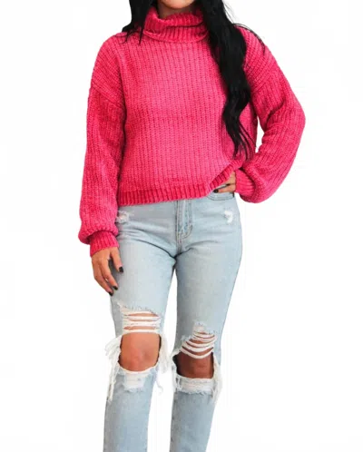 Zenana Winter Wishes Chenille Turtleneck Sweater In Hot Pink