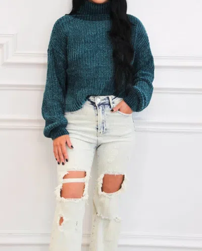 Zenana Winter Wishes Chenille Turtleneck Sweater In Teal In Blue