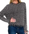 Zenana Women's Bonnie Washed Cable Knit Fringe Sweater In Grey In Gray