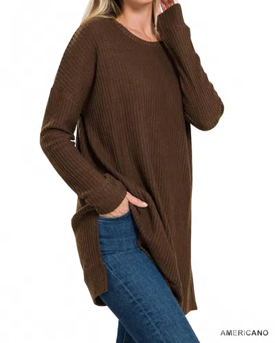 Zenana Women's Brushed Thermal Waffle Round Neck Sweater In Americano In Multi