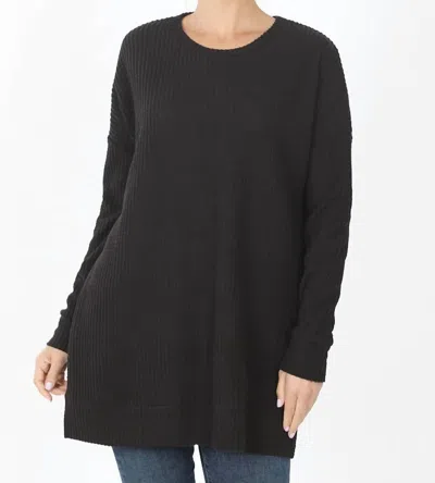 Zenana Women's Brushed Thermal Waffle Round Neck Sweater In Black