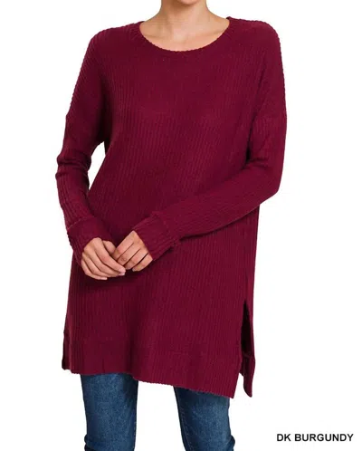 Zenana Women's Brushed Thermal Waffle Round Neck Sweater In Dark Burgundy In Red