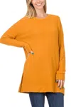 Zenana Women's Brushed Thermal Waffle Round Neck Sweater In Golden Mustard In Orange