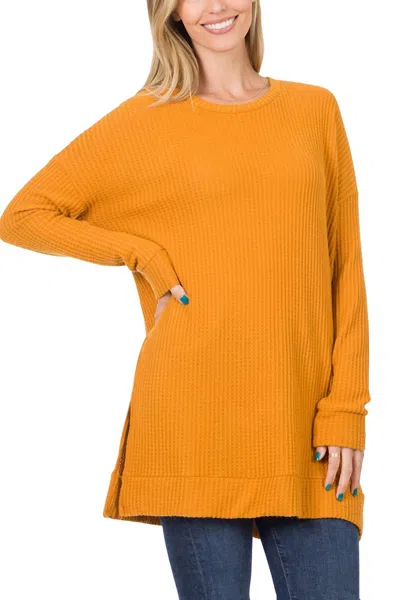 Zenana Women's Brushed Thermal Waffle Round Neck Sweater In Golden Mustard In Orange