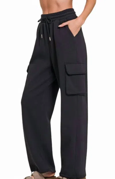 Zenana Women's Fleece Cargo Sweatpants In Black In Blue