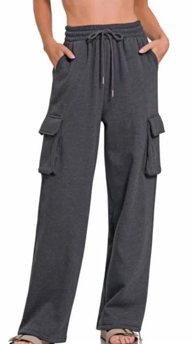 Zenana Women's Fleece Cargo Sweatpants In Charcoal In Pink