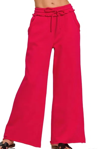 Zenana Women's Fleece Exposed Seam Wide Leg Sweatpants In Ruby