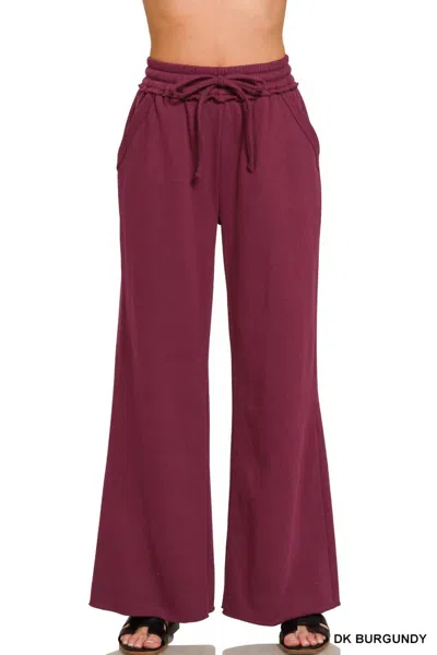 Zenana Women's Fleece Exposed Sweatpants In Dk Burgundy In Multi