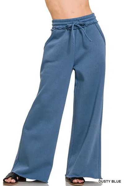 Zenana Women's Fleece Exposed Sweatpants In Dusty Blue In Multi