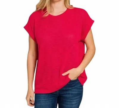 Zenana Women's Folded Sleeve Tee In Ruby In Pink
