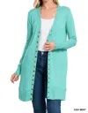 Zenana Women's Snap Button Longline Cardigan In Ash Mint In Green