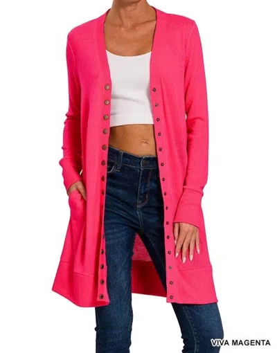 Zenana Women's Snap Button Longline Cardigan In Pink
