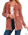 Zenana Women's Tori Waffle Knit Acid Wash Shacket In Rust In Multi