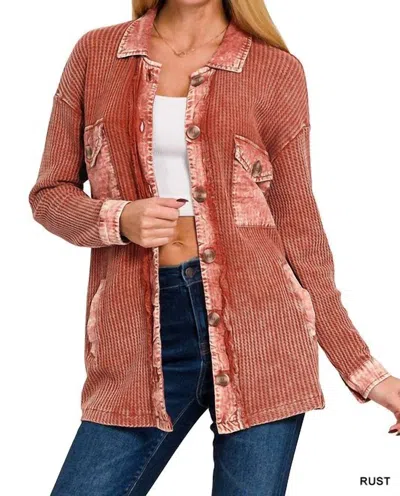 Zenana Women's Tori Waffle Knit Acid Wash Shacket In Rust In Multi