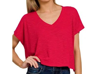 Zenana Women's V Neck Slub Hacci Crop Top In Ruby Red