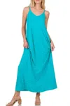 Zenana Women's V Neck Spaghetti Strap Maxi Dress In Ice Blue In Blue