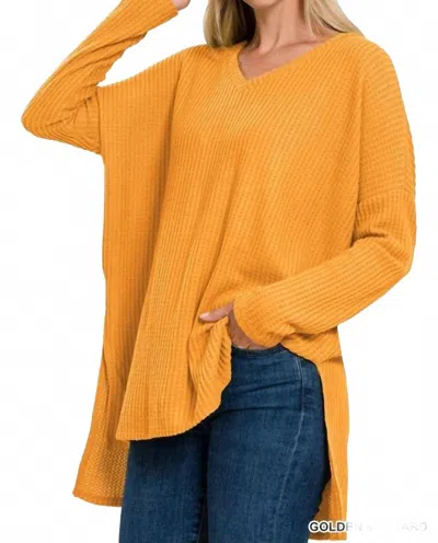 Zenana Women's Waffle Knit V Neck High Low Top In Golden Mustard In Yellow
