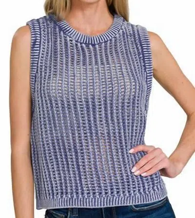 Zenana Women's Washed Fishnet Sleeveless Sweater In Blue