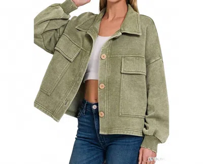 Zenana Women's Wrap Me In Fleece Shacket In Light Olive In Green