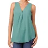Zenana Woven Airflow V-neck Sleeveless Top In Dusty Teal In Blue