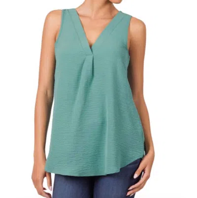 Zenana Woven Airflow V-neck Sleeveless Top In Dusty Teal In Blue