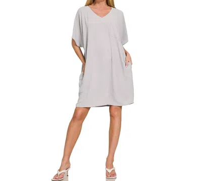 Zenana Woven Airflow V Neck T Shirt Dress In Gray