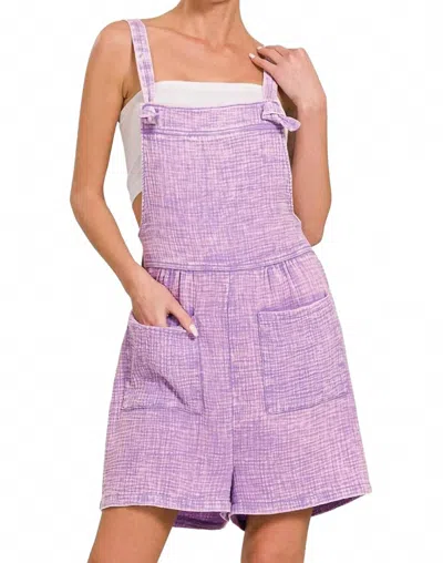 Zenana Woven Double Gauze Acid Washed Romper In Lavender