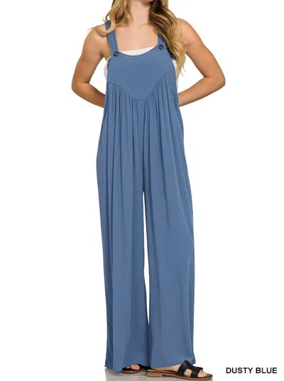 Zenana Woven Jumpsuit In Dusty Blue